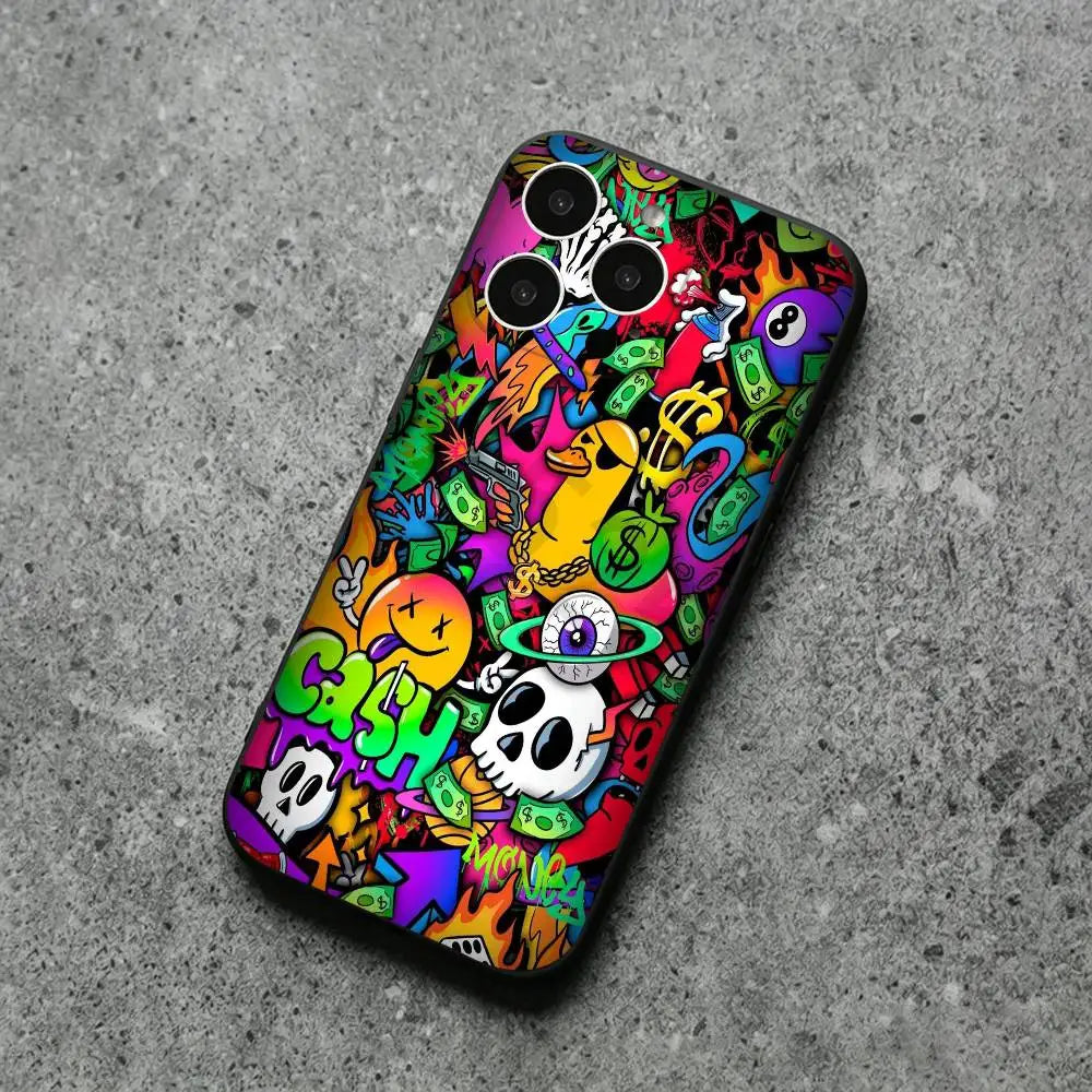 A phone case featuring a vibrant, multicolored graffiti-style graphic print with skulls, dollar bills, and graffiti text, shown on a gray concrete surface.