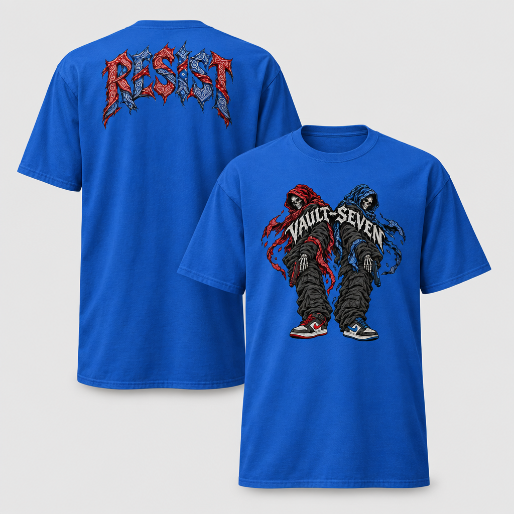 A royal blue short-sleeve t-shirt shown from both front and back. The front features a graphic of two hooded figures in black pants with the text 'VAULT-SEVEN' across them.
