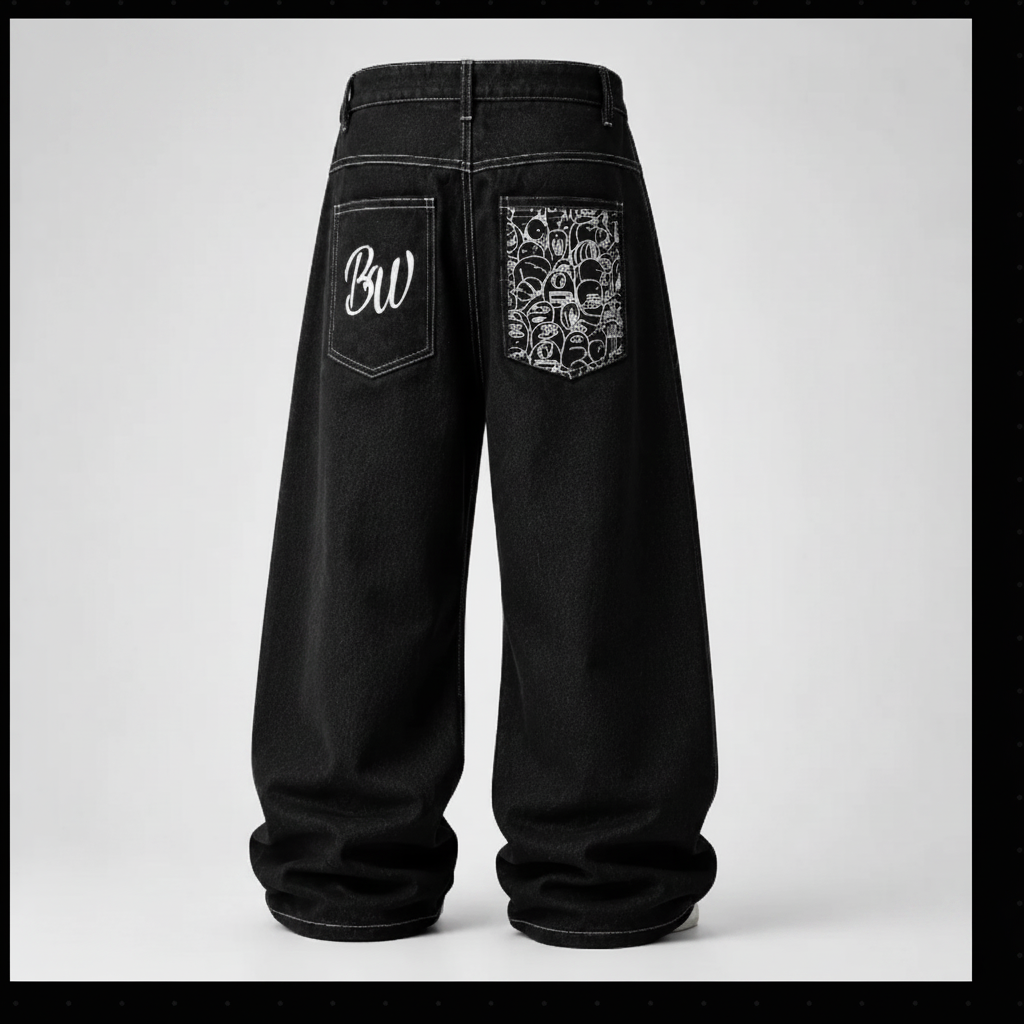 Black wide-leg jeans shown from the back, featuring a white embroidered 'BW' logo on the right pocket and a white floral pattern on the left pocket.