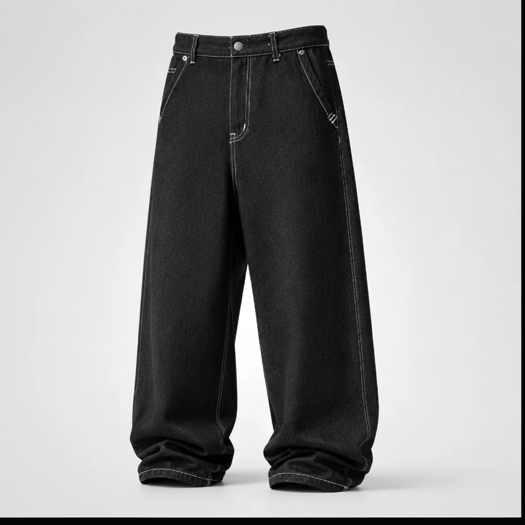 Black wide-leg denim jeans with contrast white stitching, shown on a light gray studio background.