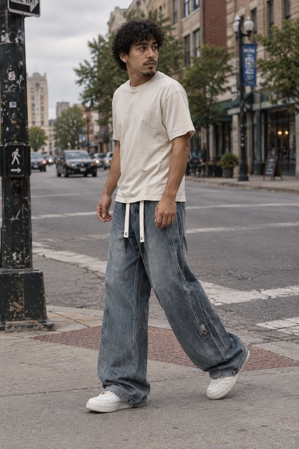 A man walking on a city street wearing a beige crewneck t-shirt, wide-leg blue denim jeans with white drawstrings, and white sneakers.