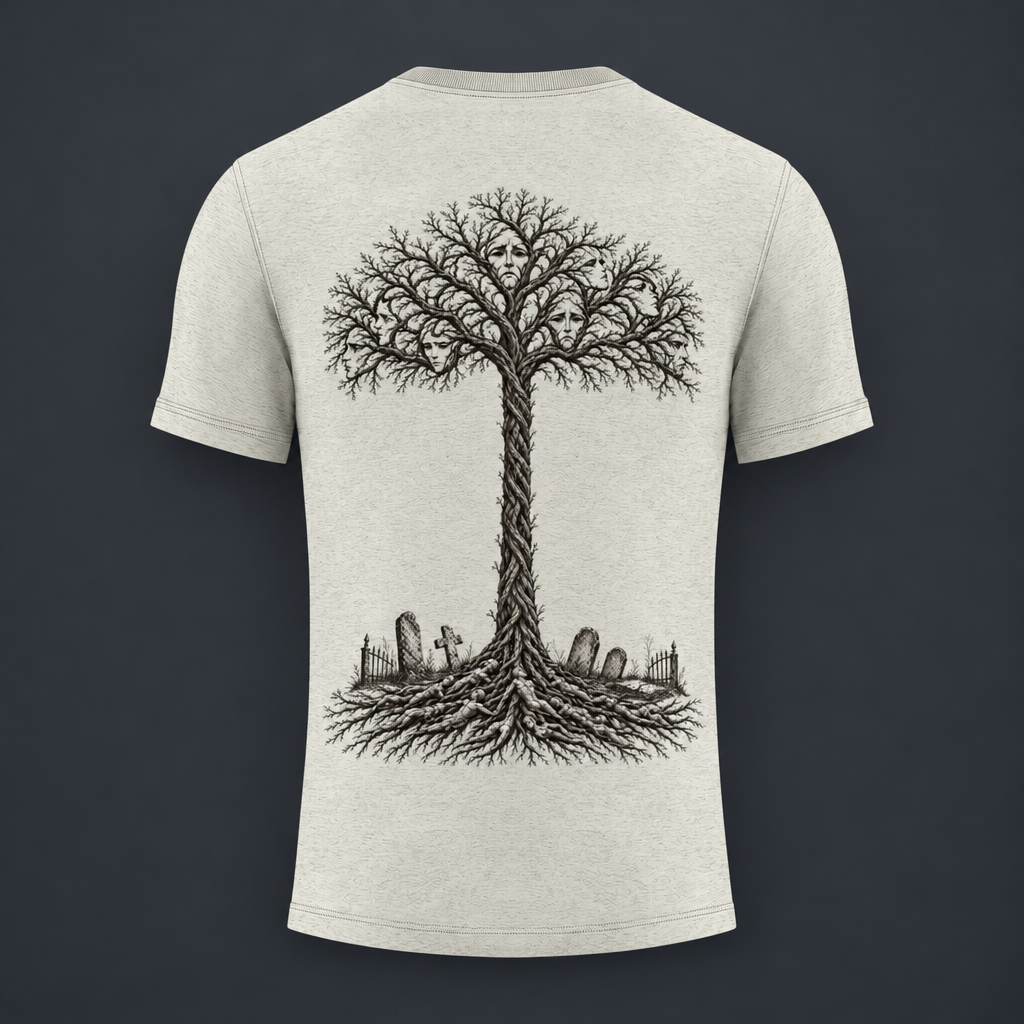 A light heather gray t-shirt shown from the back, featuring a large black graphic of a tree with skull-like branches and roots growing from a graveyard.