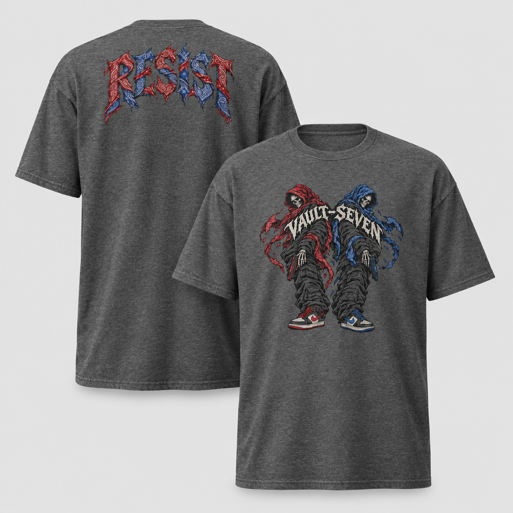 A dark heather gray graphic t-shirt shown from both the front and back. The front features a graphic of two hooded figures in red and blue, with the text 'VAULT-SEVEN' across them.