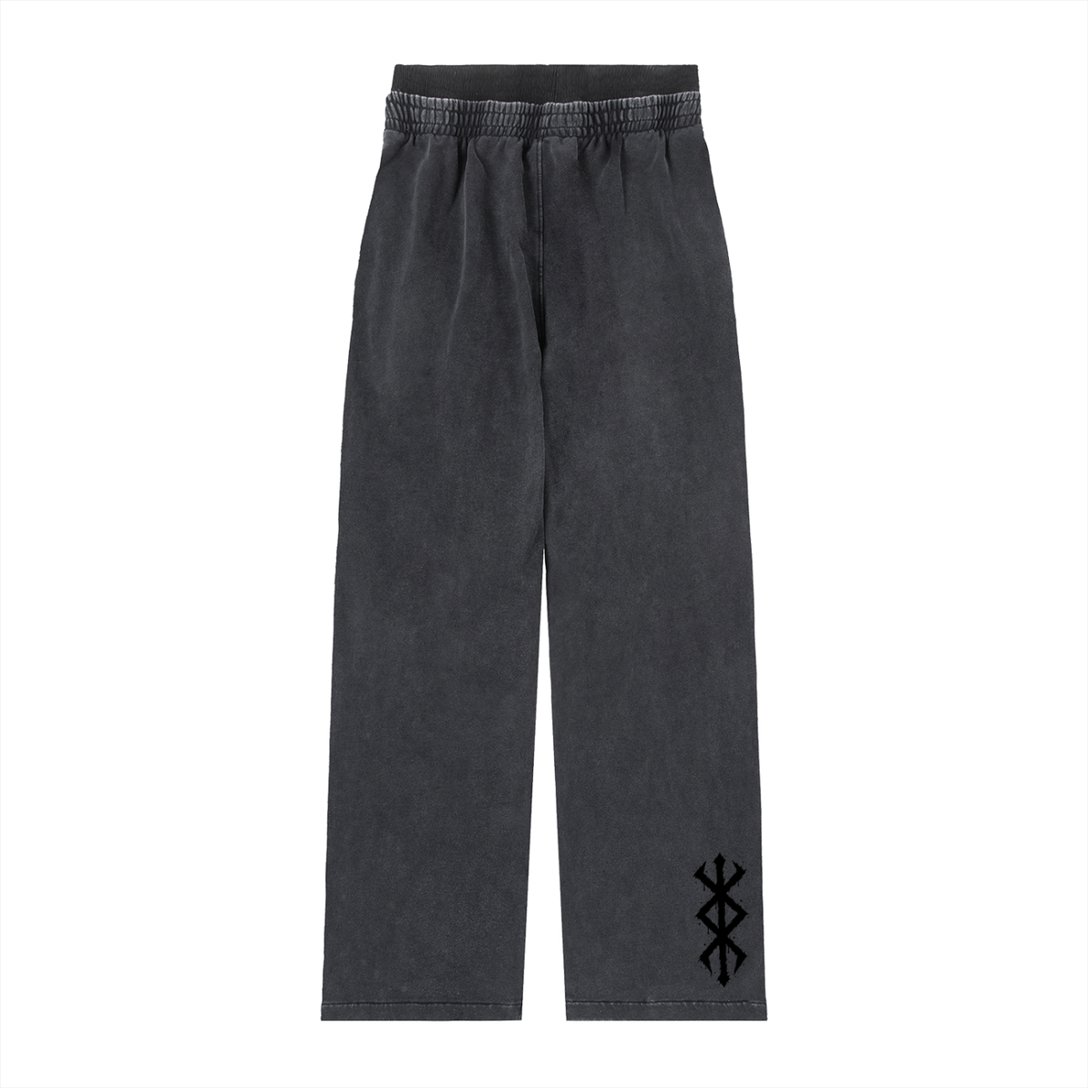 Dark gray wide-leg sweatpants with an elastic waistband and a black embroidered symbol on the lower left leg, shown flat on a white background.