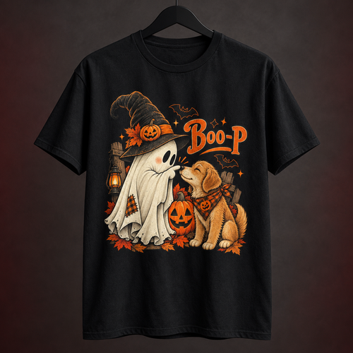 A black short-sleeve t-shirt hanging on a black hanger against a dark brown gradient background. The shirt features a colorful graphic of a ghost and a golden retriever puppy wearing a witch hat and scarf, with a jack-o'-lantern and the text 'Boo-P' written above them.