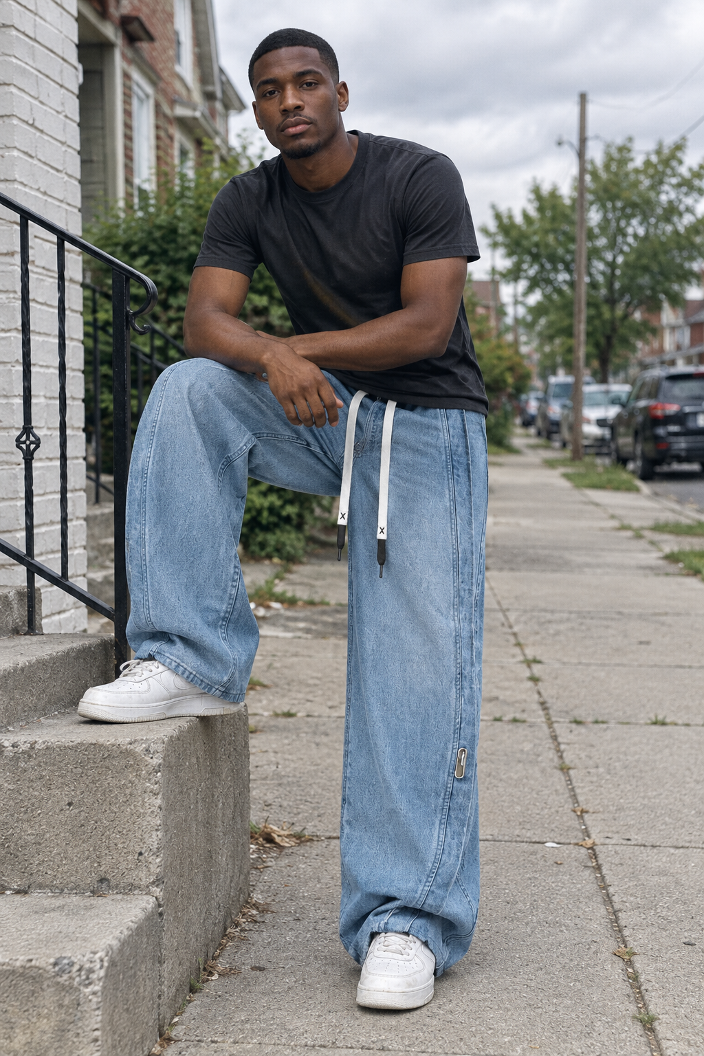 A man sitting on concrete steps on a city sidewalk, wearing light-wash wide-leg blue jeans with a white drawstring, a black t-shirt, and white sneakers.