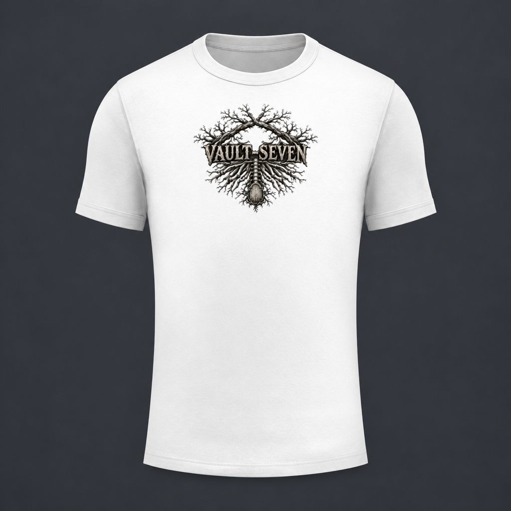 A white short-sleeve crewneck t-shirt with a black graphic on the chest depicting a tree trunk and branches with the text 'VAULT SEVEN' arched over it, shown against a dark gray background.