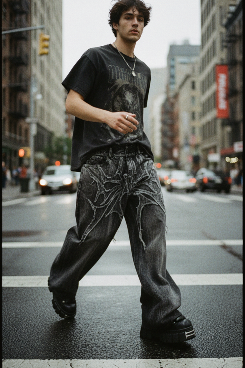 Spider Patch Baggy Denim Pants