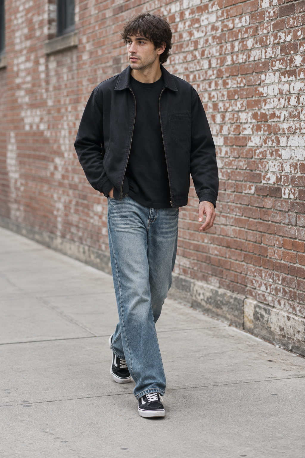 A man walking on a city sidewalk next to a brick wall, wearing a black jacket over a black shirt, light blue jeans, and black sneakers.