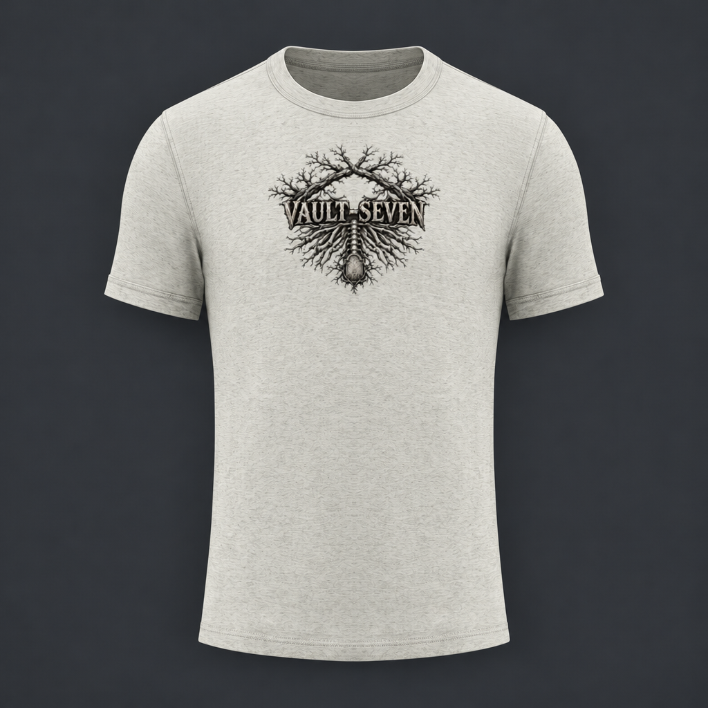 A light heather gray crewneck t-shirt featuring a black graphic of a tree with the text 'VAULT SEVEN' on the chest, displayed against a dark gray background.