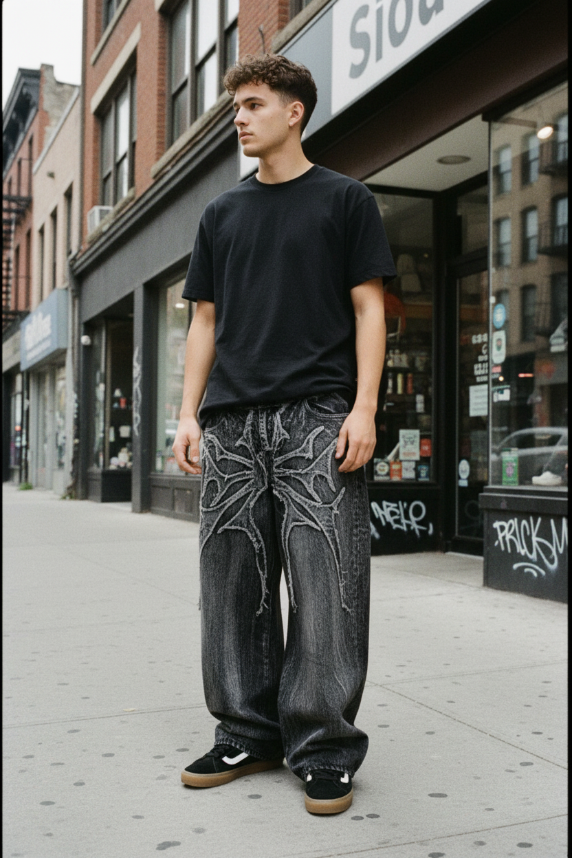 Spider Patch Baggy Denim Pants