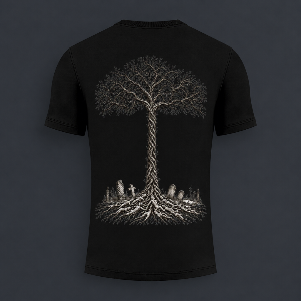 A black short-sleeve t-shirt shown from the back, featuring a large detailed graphic of a tree with intricate roots and branches in a light beige or off-white color, set against a dark gray background.