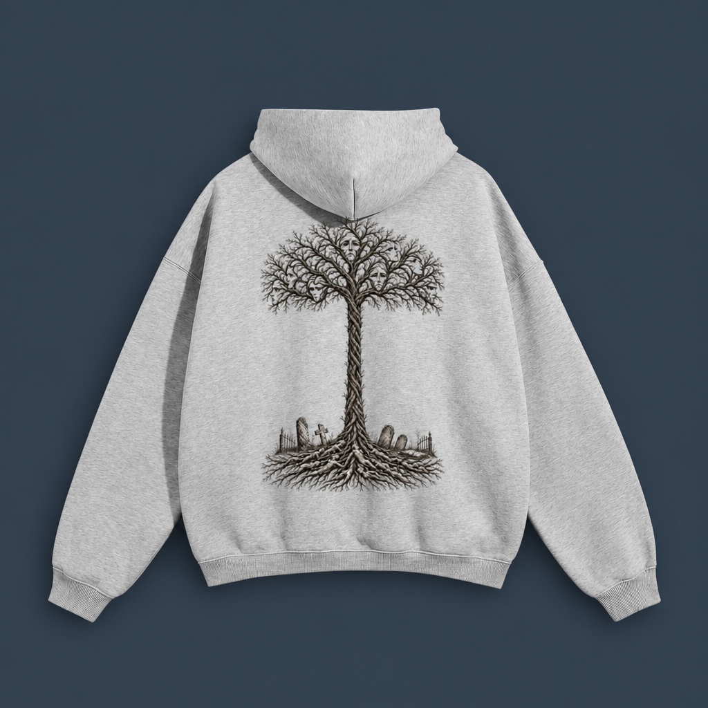 A light heather gray hoodie shown from the back, featuring a detailed black graphic of a tree with roots and small tombstones at its base, set against a dark slate blue background.