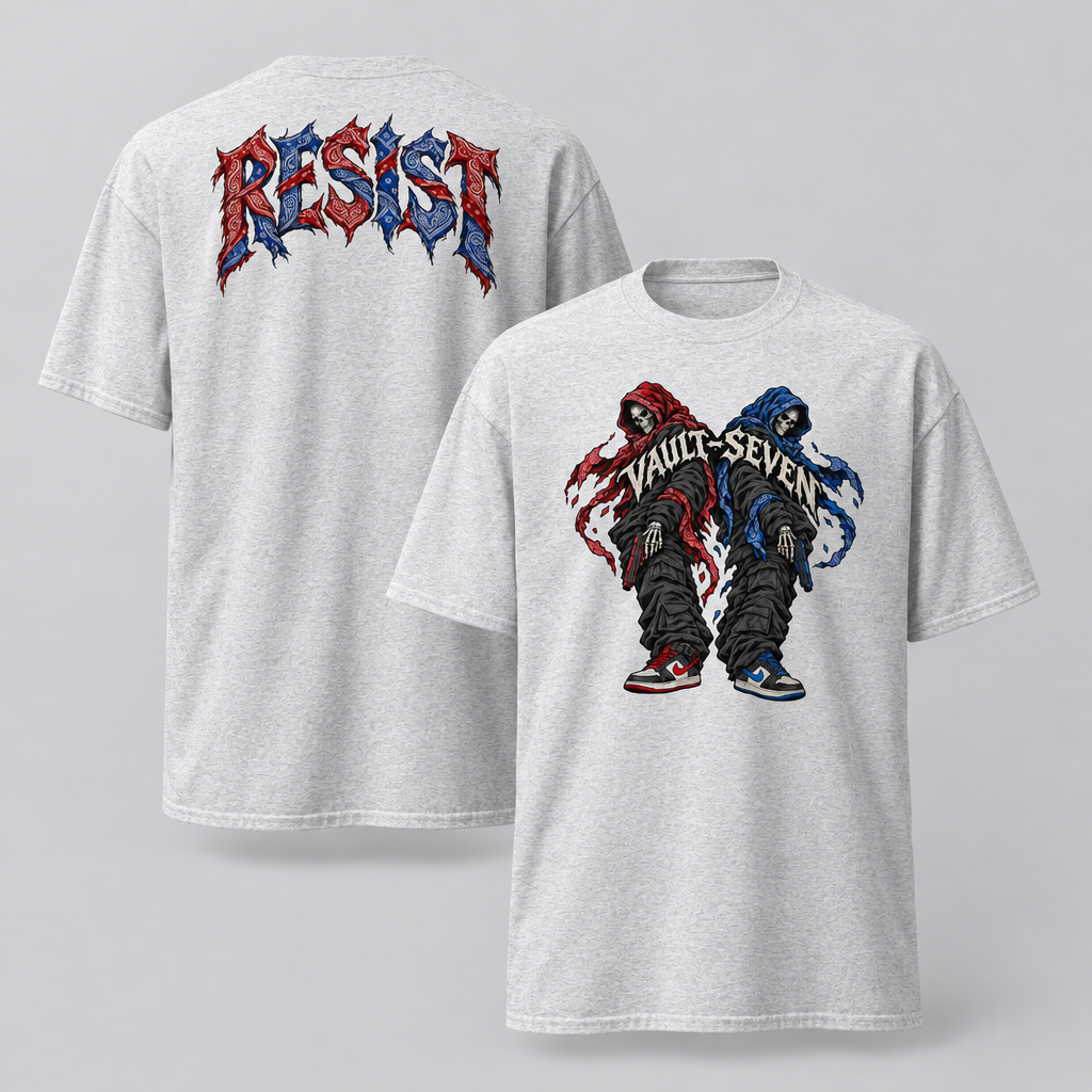 A light heather gray t-shirt shown from both front and back. The front features a graphic of two Vault Seven characters in red and blue hoodies, with 'VAULT SEVEN' written across the chest.