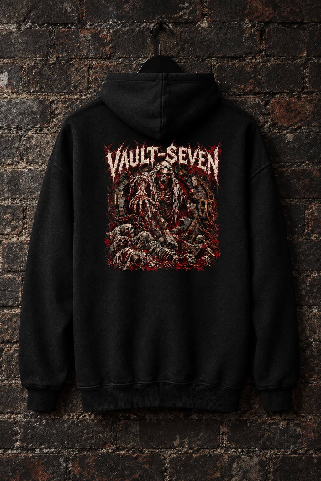 A black pullover hoodie hanging on a hanger against a dark brick wall, showing the back view with a large red, white, and gray graphic print and the text 'VAULT-SEVEN'.