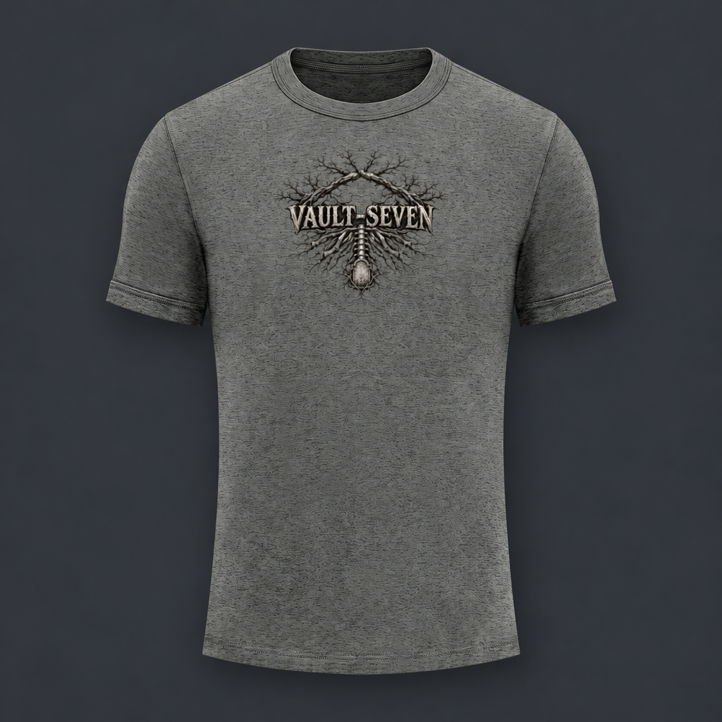 A heather gray crewneck t-shirt featuring a metallic bronze 'VAULT-SEVEN' logo with a key and lock graphic on the chest, displayed against a dark gray background.