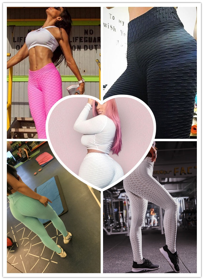 Collage of people wearing different colored leggings in various settings.