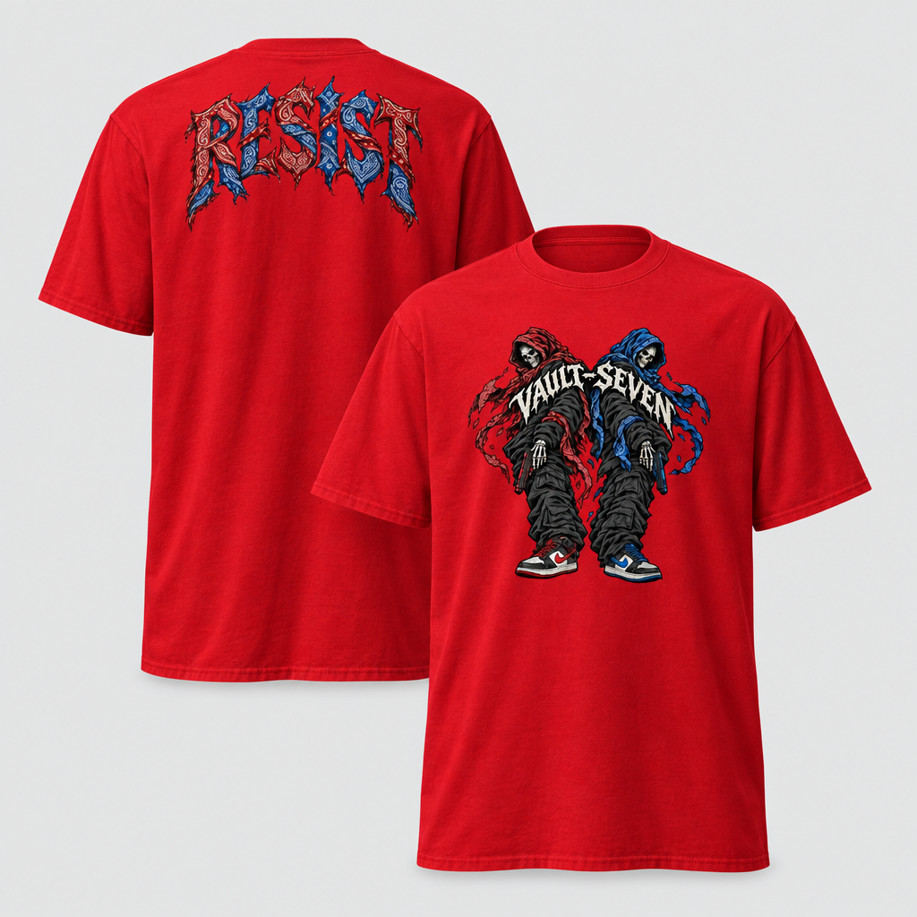 A red short-sleeve graphic T-shirt shown from both front and back on a light gray background. The front features a large 'VAULT-SEVEN' illustration with red and blue elements, and the back displays a large 'RESIST' graphic in a distressed black, red, and blue font.