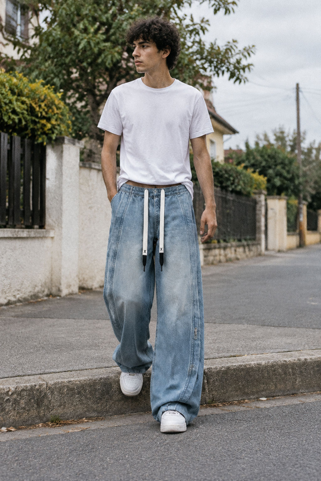 A man walking outdoors on a residential street wearing a white crew-neck t-shirt, light-wash wide-leg denim jeans with white drawstrings, and white sneakers.