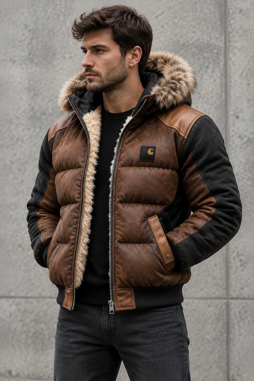A man wearing a brown and black Carhartt puffer jacket with a faux-fur lined hood, standing against a gray concrete wall.