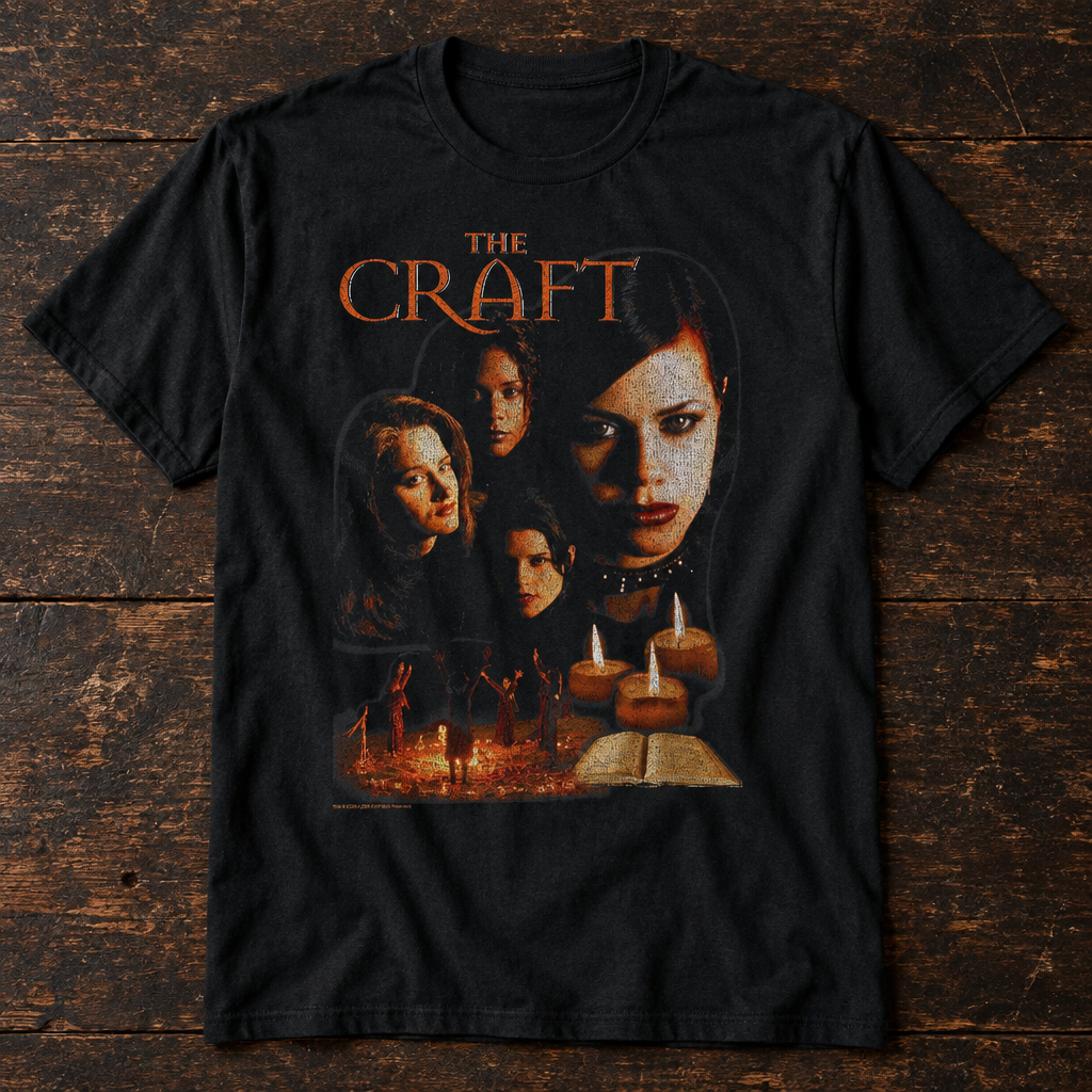 A black short-sleeve graphic t-shirt featuring the movie 'The Craft' print, laid flat on a dark rustic wooden background.