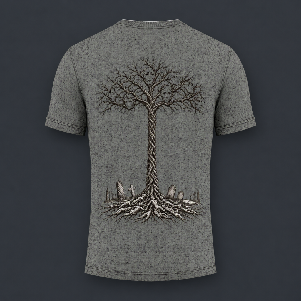 A heather gray short-sleeve t-shirt shown from the back, featuring a large graphic of a bare tree with a twisted trunk and exposed roots on a dark charcoal background.