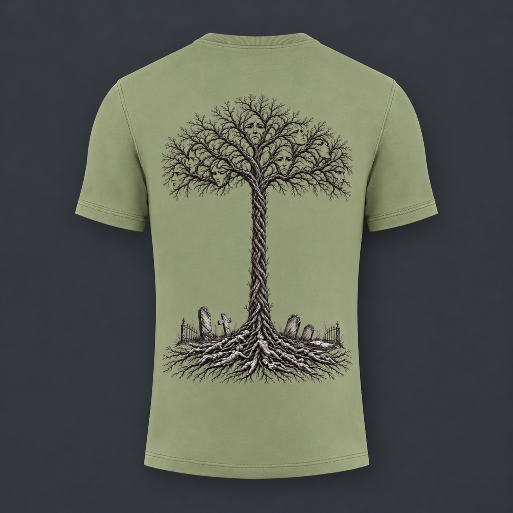 An olive green short-sleeve t-shirt shown from the back, featuring a large black line-art graphic of a tree with skull-like branches and roots over a graveyard scene.
