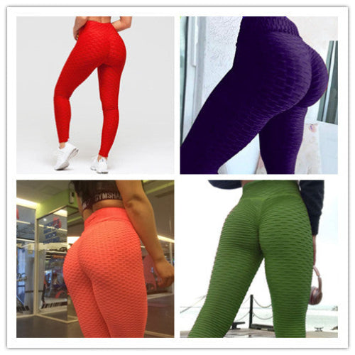 Four different colored leggings shown from the waist down on a white background.