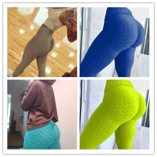 Four images of different colored leggings worn by a person.
