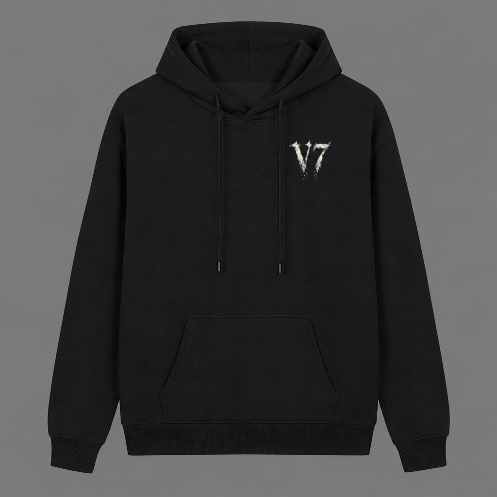 A black pullover hoodie with a distressed white 'V7' logo on the left chest, displayed against a solid dark gray background.