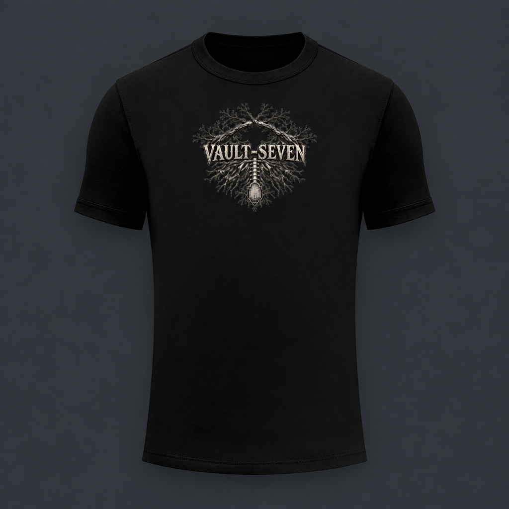A black short-sleeve crewneck t-shirt featuring a distressed beige graphic on the chest with the text 'VAULT-SEVEN' and a tree-like emblem, displayed against a dark gray background.