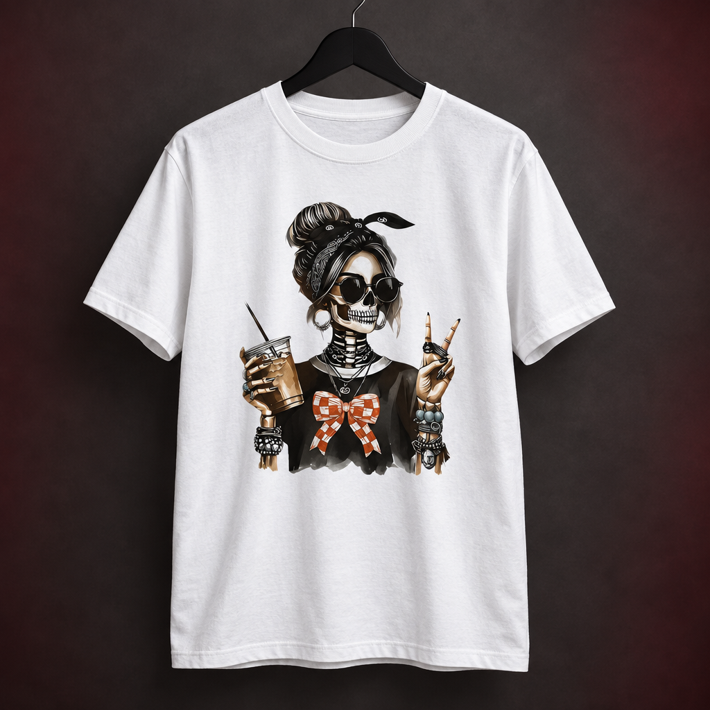 A white short-sleeve crewneck t-shirt hanging on a black hanger against a dark brown gradient background. The shirt features a detailed graphic print of a stylized skeleton woman with sunglasses, a black hair bun, a red and white patterned bow, and bracelets, holding a coffee cup and making a peace sign.