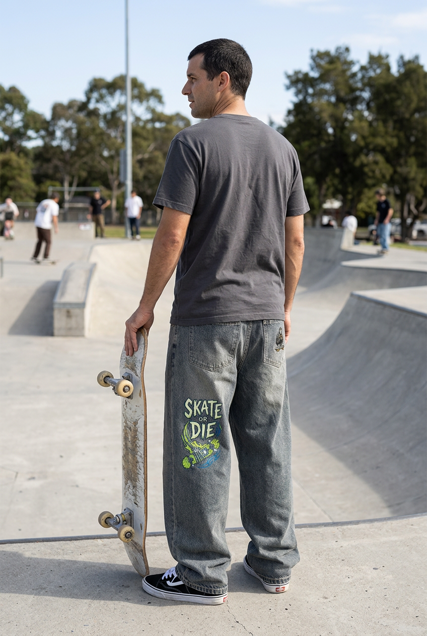 A man standing at a concrete skatepark holding a skateboard, wearing a dark gray t-shirt and loose-fit gray jeans with a 'SKATE or  DIE' graphic on the back pocket.