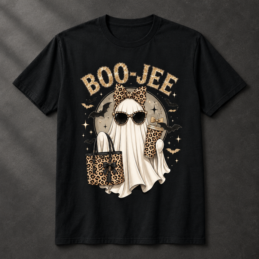 A black short-sleeve graphic T-shirt laid flat on a dark textured background. The front print reads "BOO-JEE" in a leopard-print font above a ghost illustration wearing leopard-print sunglasses and holding a matching leopard-print tote bag.