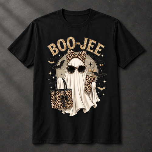 A black short-sleeve graphic T-shirt laid flat on a dark textured background. The front print reads "BOO-JEE" in a leopard-print font above a ghost illustration wearing leopard-print sunglasses and holding a matching leopard-print tote bag.