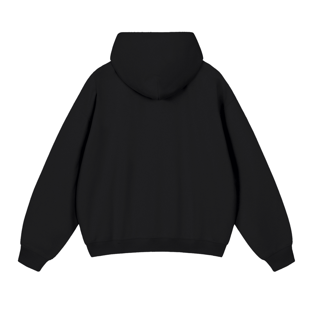 The back view of a black pullover hoodie with a relaxed fit, shown on a solid white background.