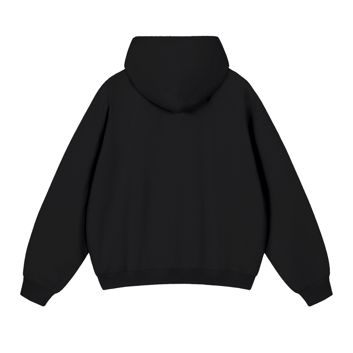 The back view of a black pullover hoodie with a relaxed fit, shown on a solid white background.