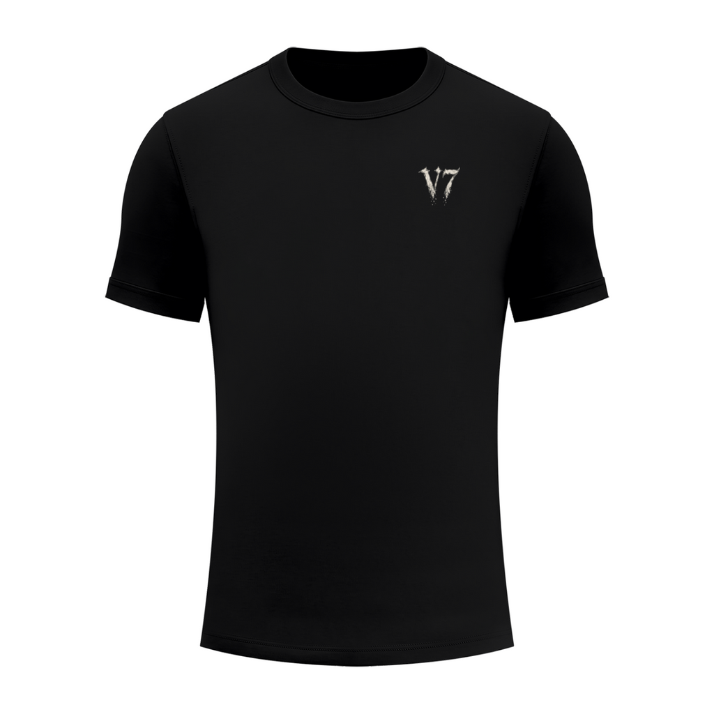 A black short-sleeve crewneck t-shirt with a small metallic silver 'V7' logo printed on the left chest, displayed on a clean white background.