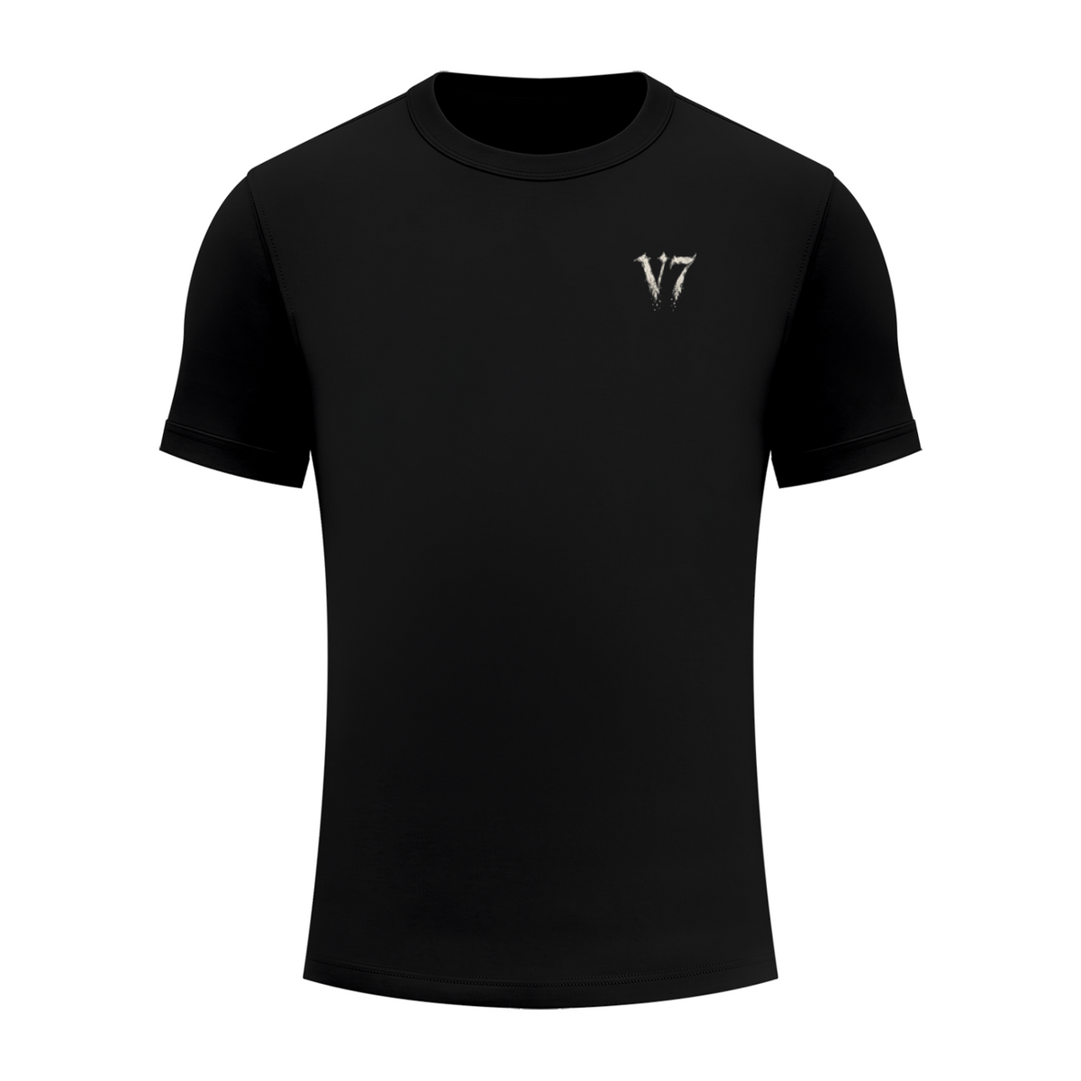 A black short-sleeve crewneck t-shirt with a small metallic silver 'V7' logo printed on the left chest, displayed on a clean white background.
