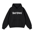 A black pullover hoodie with a red heart graphic on the chest containing the black letters 'RW'.