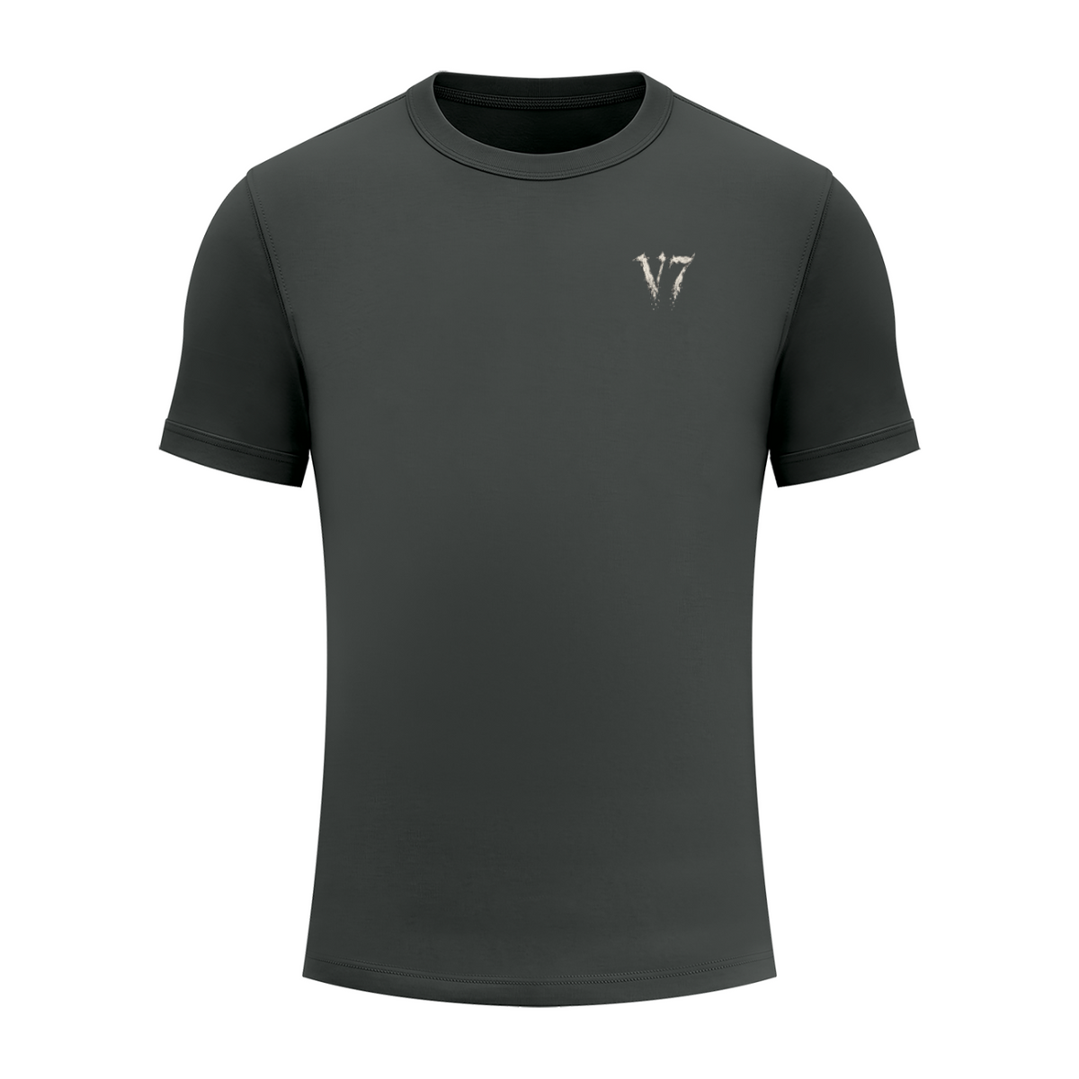 A dark gray short-sleeve crewneck t-shirt with a small metallic silver 'V7' logo on the left chest, displayed on a clean white background.