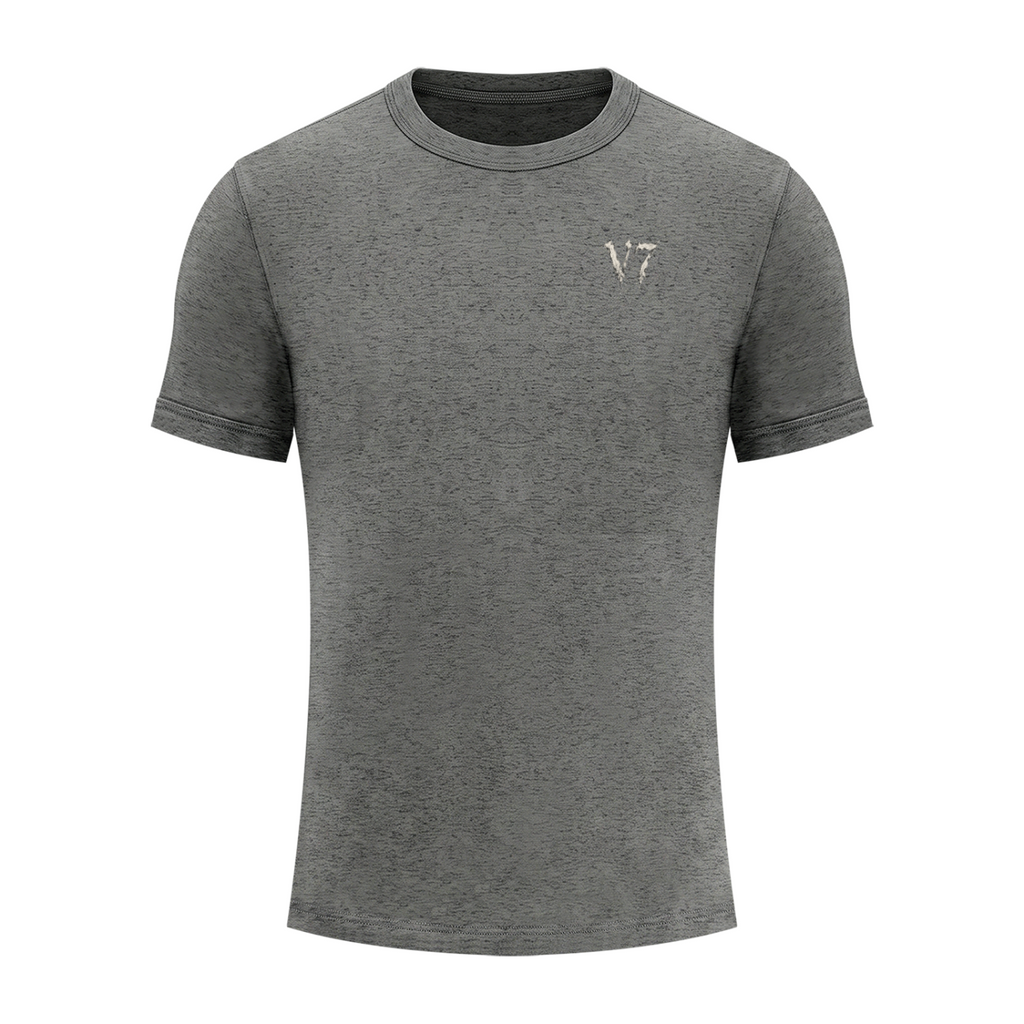 A dark heather gray short-sleeve crewneck t-shirt with a small light gray embroidered 'VT' logo on the left chest, displayed on a solid white background.