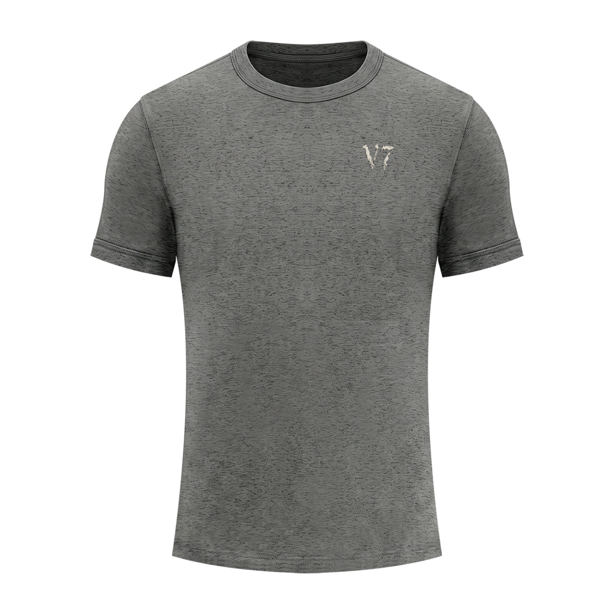 A dark heather gray short-sleeve crewneck t-shirt with a small light gray embroidered 'VT' logo on the left chest, displayed on a solid white background.