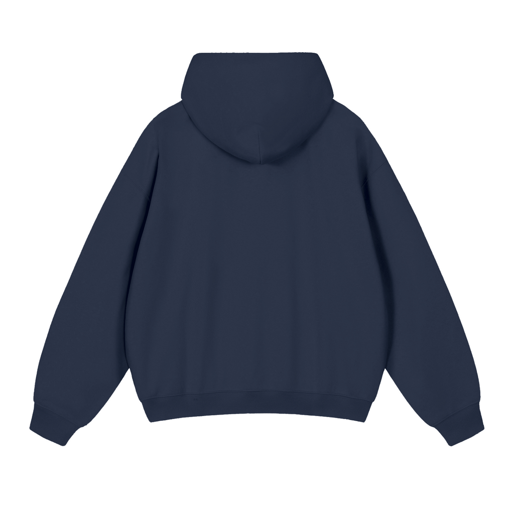 The back view of a solid navy blue pullover hoodie with a classic hood and ribbed cuffs, shown on a plain white background.