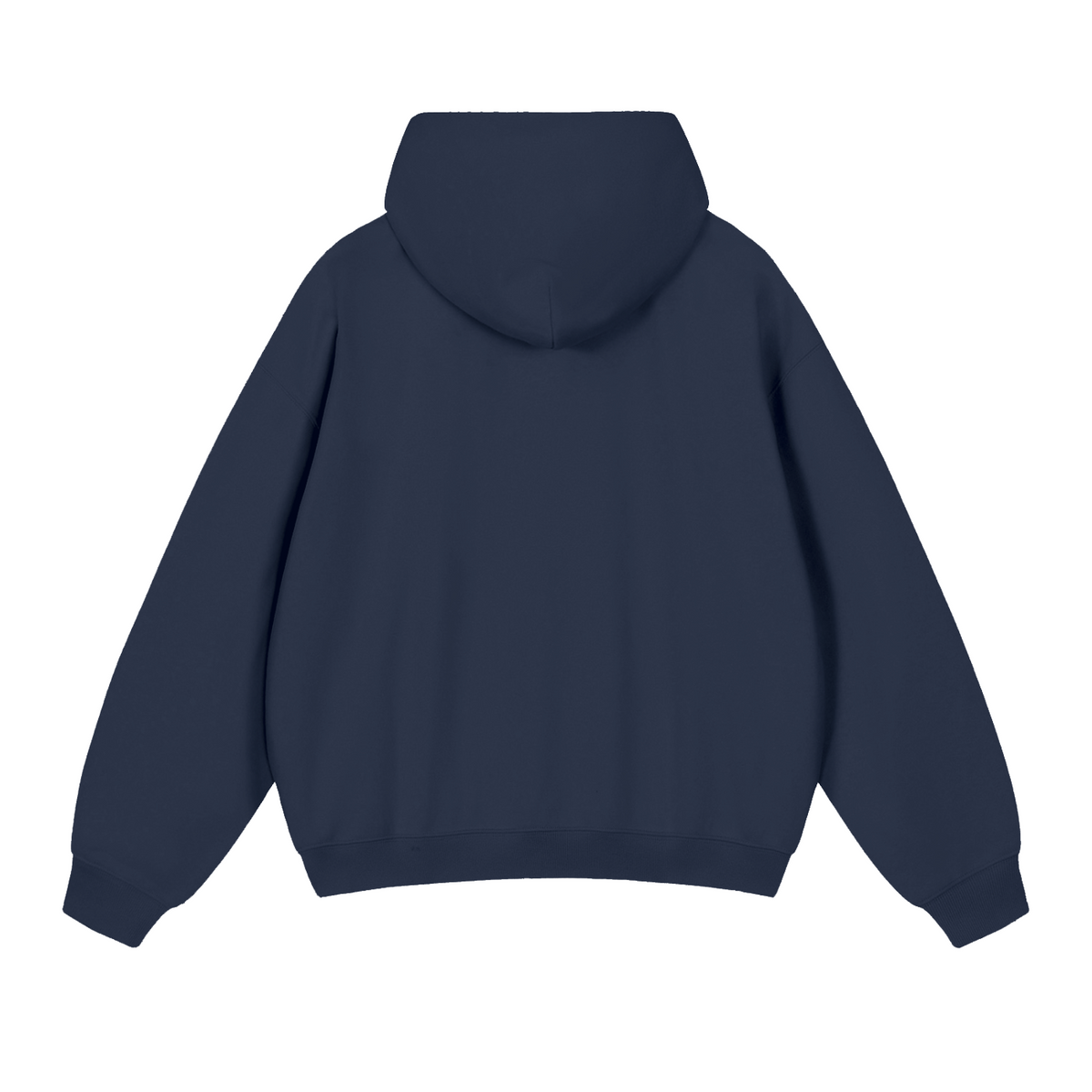 The back view of a solid navy blue pullover hoodie with a classic hood and ribbed cuffs, shown on a plain white background.