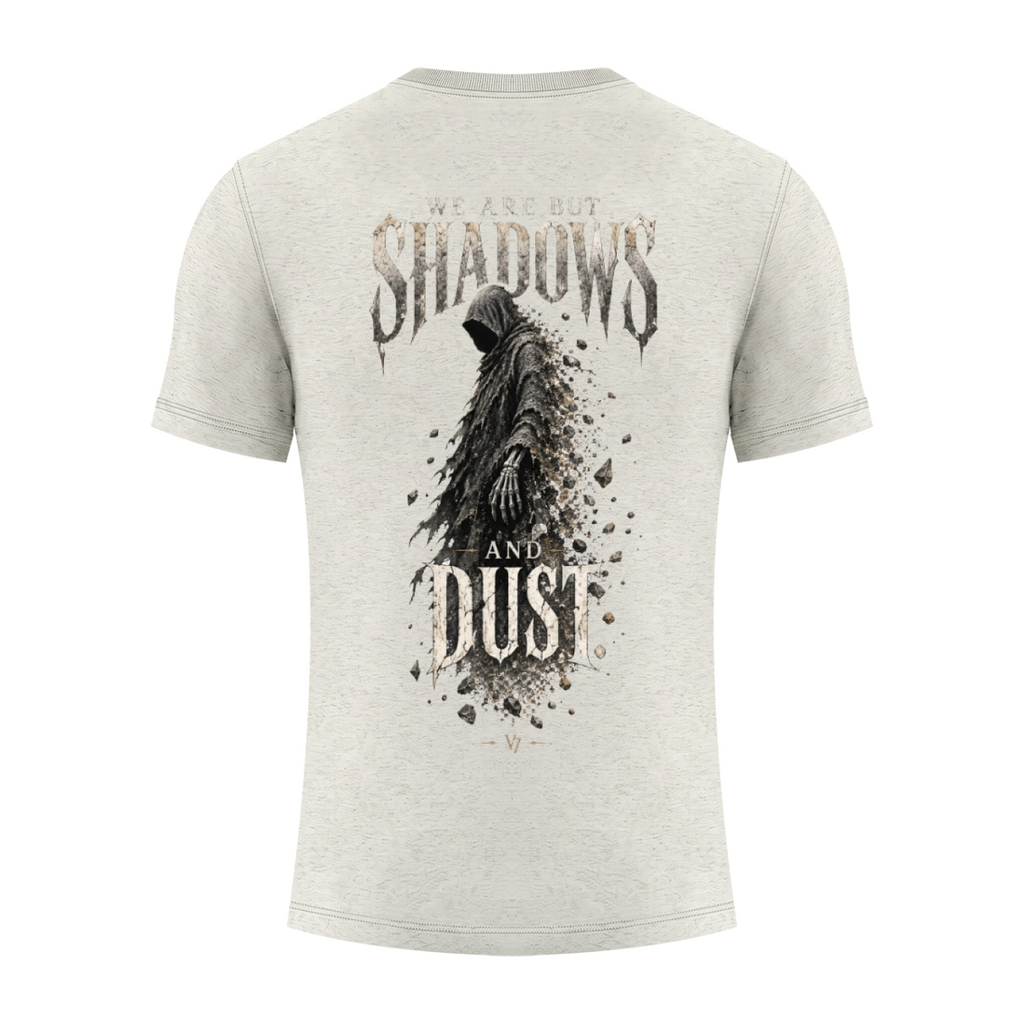 A light heather gray t-shirt shown from the back, featuring a large graphic print of a hooded grim reaper figure with the text 'WE ARE BUT SHADOWS AND DUST'.