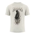 A light heather gray t-shirt shown from the back, featuring a large graphic print of a hooded grim reaper figure with the text 'WE ARE BUT SHADOWS AND DUST'.