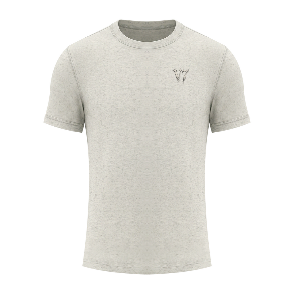 A light heather gray crewneck t-shirt with a small black embroidered logo on the left chest, displayed on a solid white background.