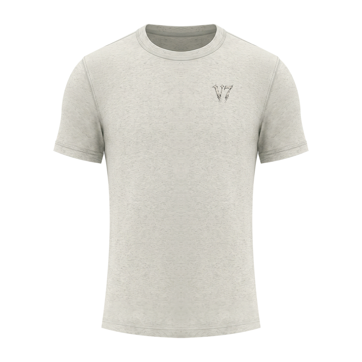 A light heather gray crewneck t-shirt with a small black embroidered logo on the left chest, displayed on a solid white background.