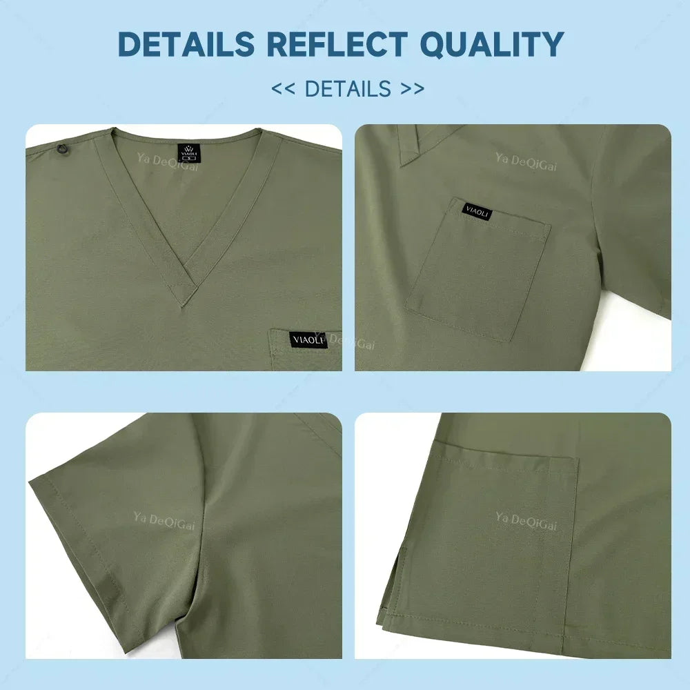 Collage of green scrubs with close-up details on a light blue background